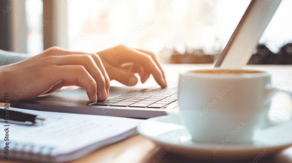 Poster hands typing on laptop with coffee cup, representing remote work and digital productivity in modern 