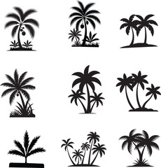 Fototapeta premium Nine black silhouette images of tropical palm trees against a white background.