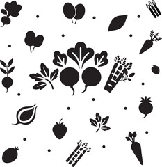 This is a simple, elegant black and white pattern featuring various vegetables, including beets, carrots, asparagus, strawberries, and other root vegetables.