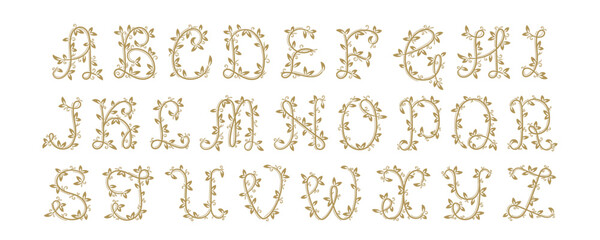 Floral golden vine alphabet with intricate branches forming each uppercase letter. Hand-drawn ornamental monogram set isolated on white background.  © PerepadiaY
