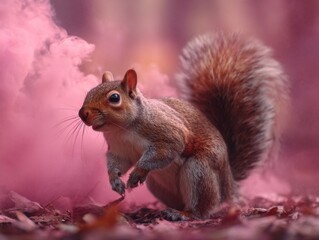 Obraz premium A squirrel is standing in a pinkish-purple smoke