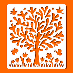 Kids stencil summer day. Cartoon tree, grass, cute flowers, birds, butterflies. Decorating for children's rooms. Vector template for plotter laser cutting of paper, wood carving, metal engraving, cnc.