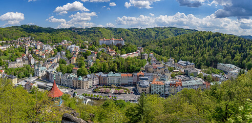 Panoramic view of Karlovy Vary (Czech Republic) from view point Vyhlídkový altán Kristýna