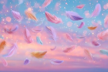 A dynamic fantasy-themed image featuring colorful feathers floating and flying through the air, evoking motion, magic, and ethereal beauty.