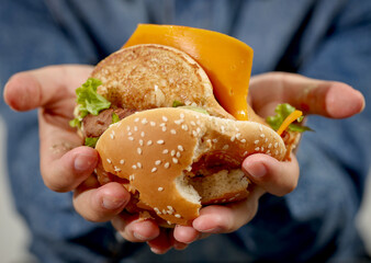 broken burger in human hands