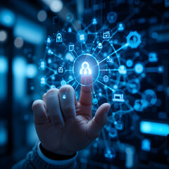 Fototapeta premium f a person's hand hovering over a digital touchscreen, displaying a network of interconnected nodes and icons representing data points. 