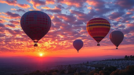 Hot air balloons sunrise landscape