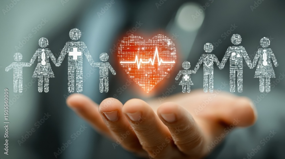 Aufkleber hand holding digital family and heart icons, representing healthcare coverage and community support 