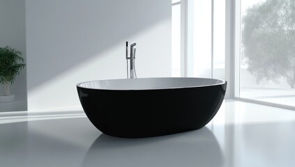 Modern black oval bathtub in bright, minimalist bathroom