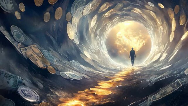 Man walking through a glimmering tunnel of coins surrounded by a wealth of shimmering money