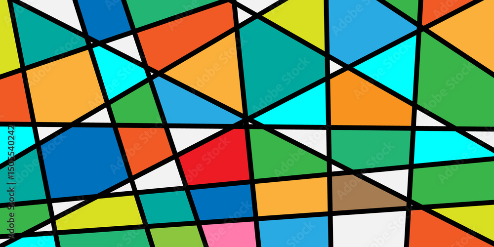 Poster abstract geometric pattern with colorful shapes and a black lines mosaic design