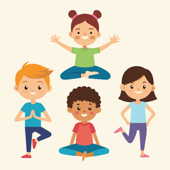 Yoga for kids cartoon stretch poses vector illustration