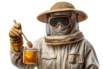 Worker in Beekeeping Suit Holding Bees Isolated on White Transparent Background PNG