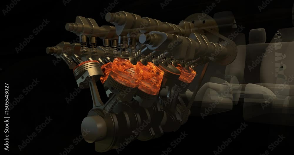 Fototapete wireframe car animation with realistic working v8 engine motion. industry and technology related 3d 