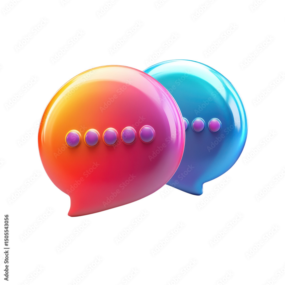 Poster two glossy speech bubbles representing digital conversation and ongoing on transparent background