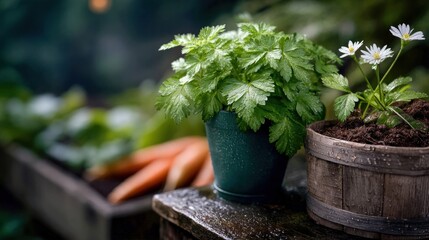Potted Parsley and Daisy Plants on Wet Wood Surface, Symbolizing Freshness and Organic Gardening for Sustainable Living and Healthy Lifestyle Choices : Generative AI