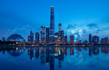 Naklejka premium Night - time Urban Landscape with Technology Elements