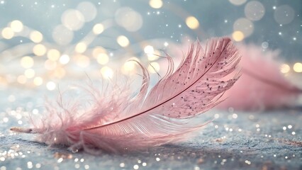Pink feather with glitter on sparkling background
