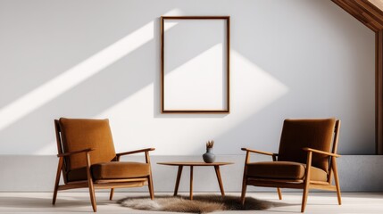 Cozy living room with two brown chairs and a wooden table, featuring natural light and empty frame