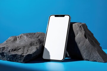 Sleek smartphone with blank screen stands between two dark gray rocks on a vibrant blue background, cast in sunlight