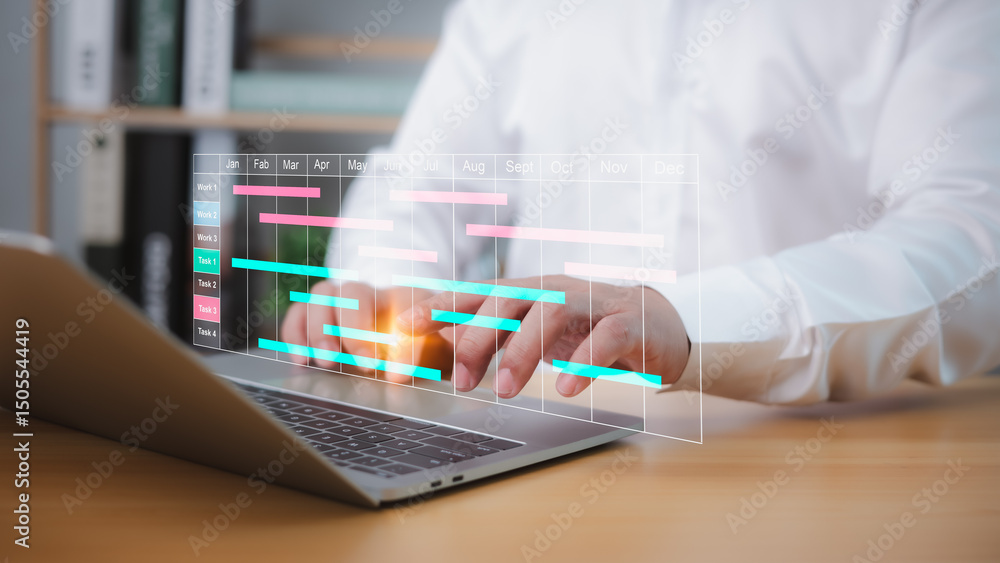Poster businessman using project management software on a laptop to schedule tasks, update gantt charts, an