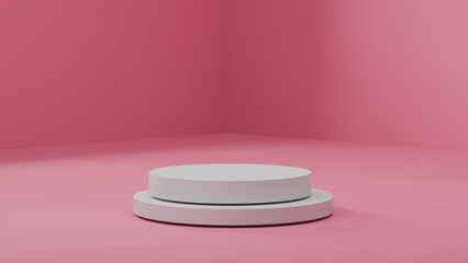 White round podium stands on a light, pink background, bathed in soft, diffused lighting. Modern product display platform for showcasing cosmetics to tech, emphasizing simplicity in presentations.