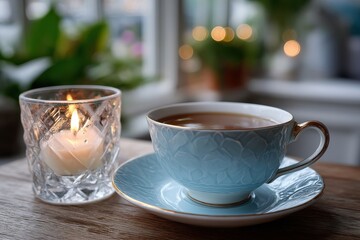 A serene scene of a delicate tea cup accompanied by a lit candle creates a warm and cozy atmosphere, perfect for relaxation and moments of tranquility in daily life.