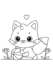 Coloring book cartoon fox playing basketball with a heart above