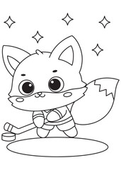 Coloring book  fox playing ice hockey with stick and puck