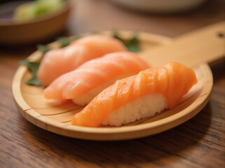 Salmon Nigiri Sushi on Wooden Plate