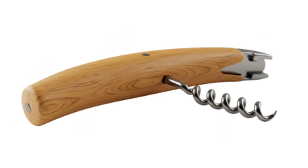 Corkscrew Wine Opener Tool with Wooden Handle Isolated on Transparent