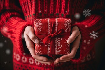 
Person in red sweater holding Christmas gift with ribbon. Winter holiday celebration concept.