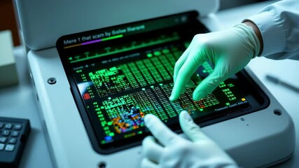 A gloved hand analyzes colorful data patterns on a digital scientific screen in a laboratory setting. - Powered by Adobe