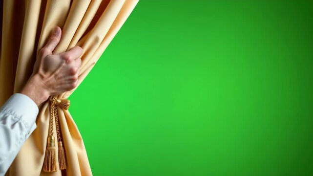 A person&rsquo;s hand pulls back a gold curtain, revealing a bright green background behind it.