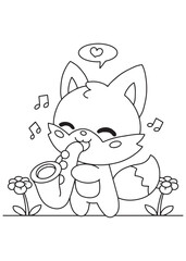 Coloring book fox playing the saxophone with musical notes and flowers