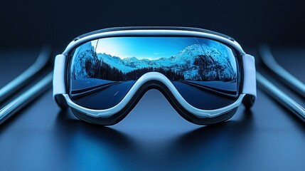 Ski goggles reflecting winter mountain landscape