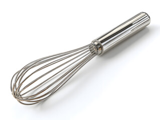 Kitchen utensil for mixing and whipping ingredients, a silver metal whisk with wire loops on a white background