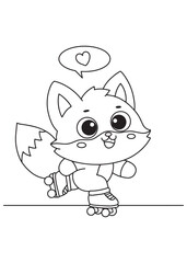 Coloring book fox on roller skates with a heart bubble