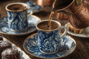 Dark coffee pours from a copper pot into a blue and gold patterned cup on a wooden table with pastries