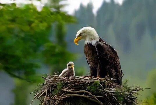 Bald eagle caring for its eaglet in a nest surrounded by trees on a calm day showcasing nature's nurturing bond between parent and chick