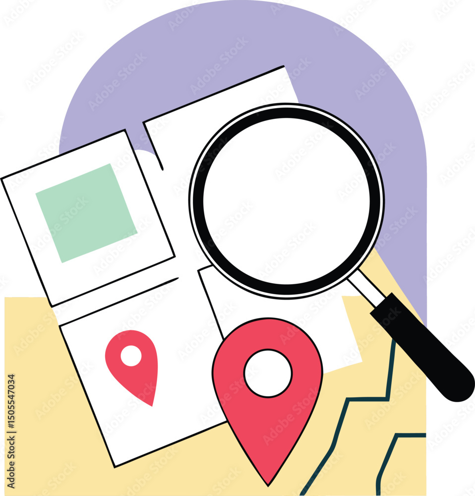 Poster exploring a location with map markers and magnifying glass on a white background