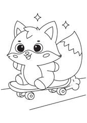 Coloring book fox with big eyes balances on a skateboard, zipping along with sparkling enthusiasm