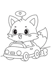 Coloring book fox zips along in a car with a joyful expression