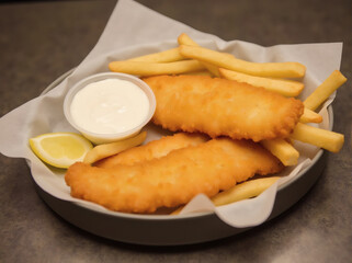Fish and Chips with Tartar Sauce and Lemon