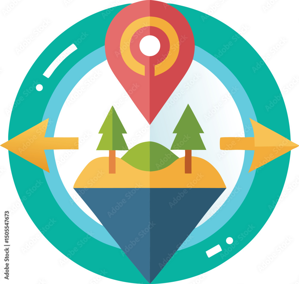 Poster flat design illustration featuring location marker trees and navigation arrows