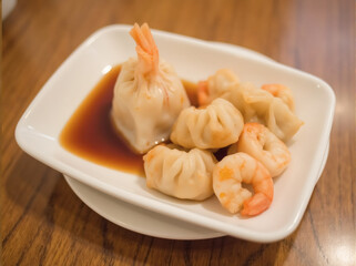 Shrimp Dumplings with Soy Sauce on Plate