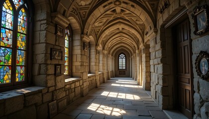 Obraz premium Stone Hallway in the Sunlight with Stained Glass Windows