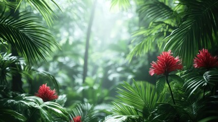 Obraz premium Lush tropical forest scene with vibrant red flowers