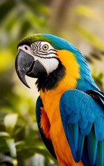 Fototapeta premium Majestic Blue Macaw Close-Up – Vibrant Tropical Bird with Striking Yellow Eyes & Detailed Feathers in Sunlight