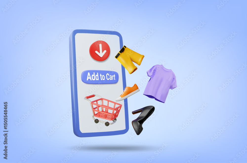 Aufkleber 3d vector illustration rendering online store on mobile screen. shopping cart floating on screen wit